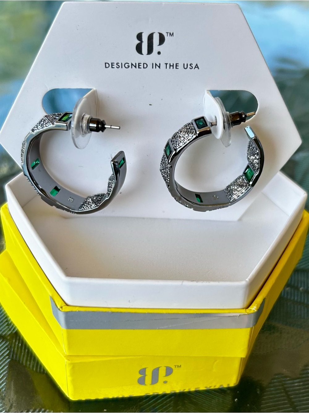 bp OG lab created Emerald hoops. Hematite plating.